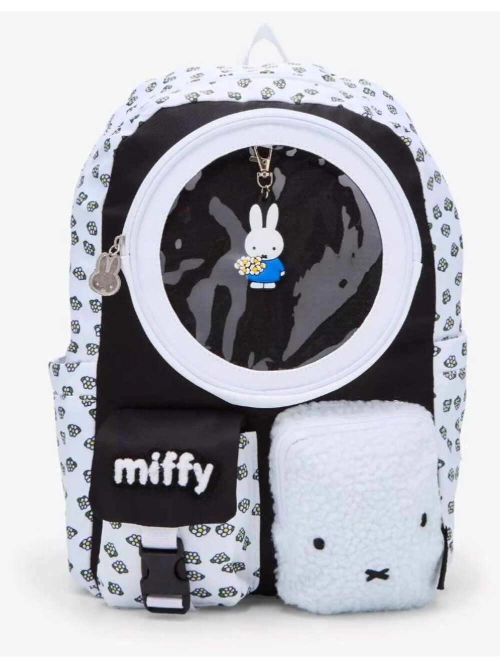 Miffy Floral Print Backpack With Transparent Pocket & Plush Accent